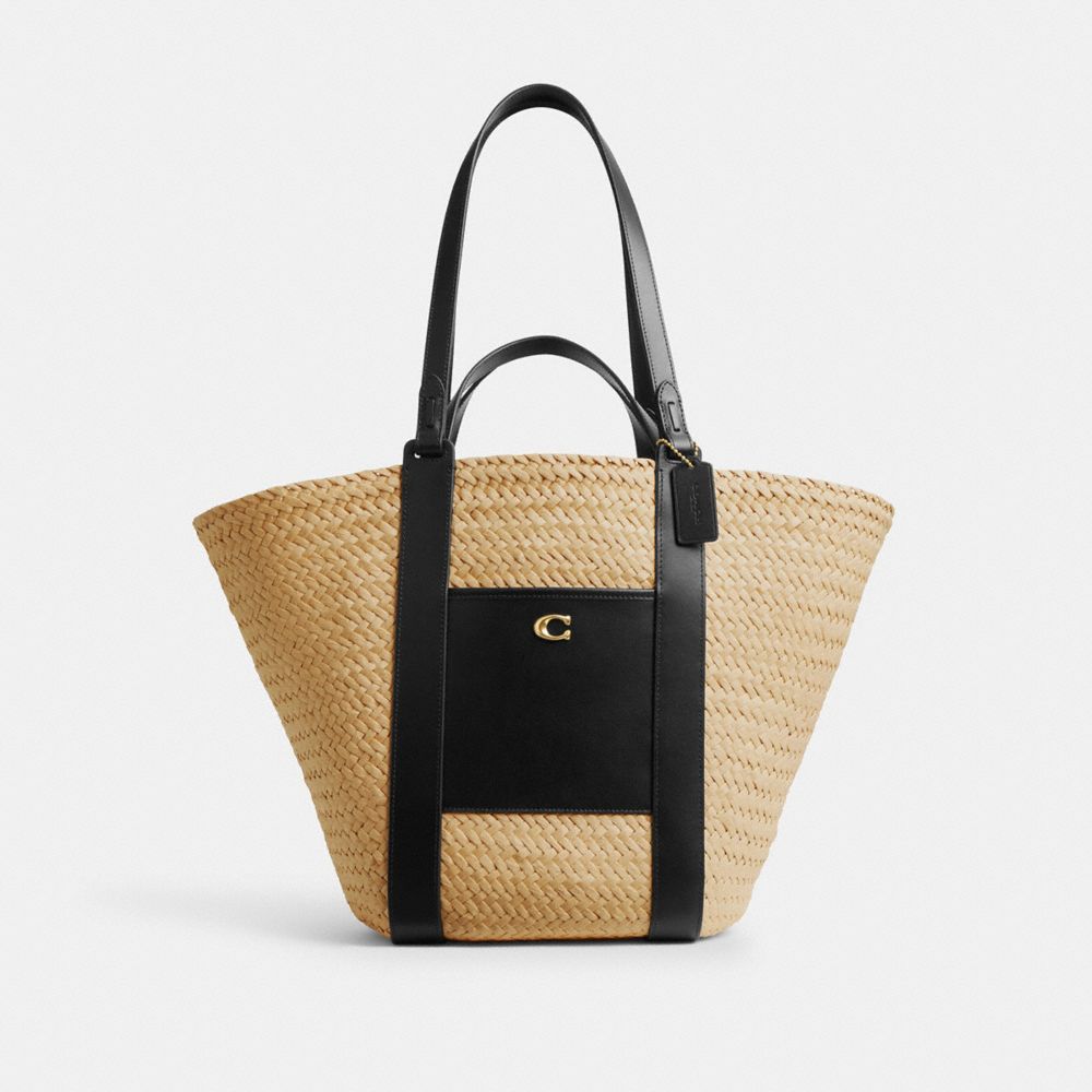 Brass/Natural Coach Straw Pocket Tote | COH865056