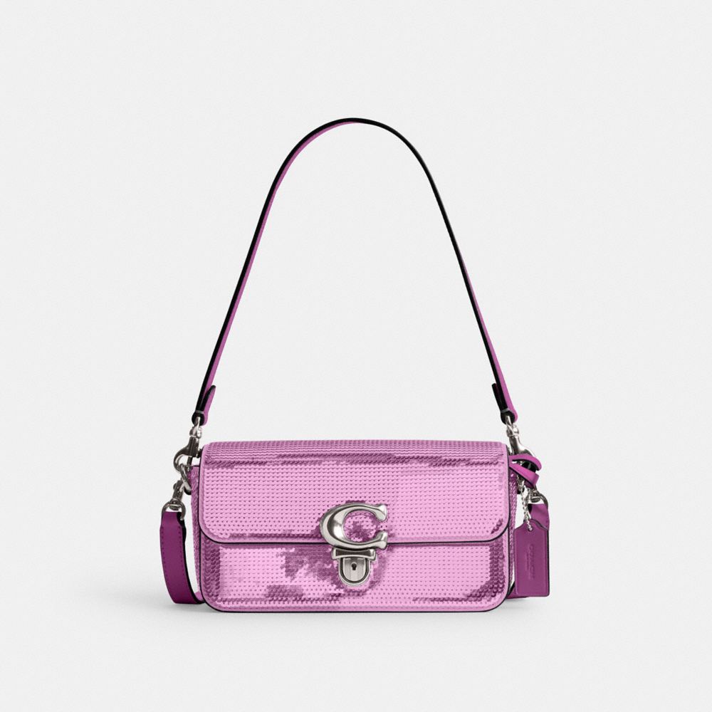 Calf Leather/Silver/Dark Magenta Coach Studio Baguette Bag With Sequins | COH864820