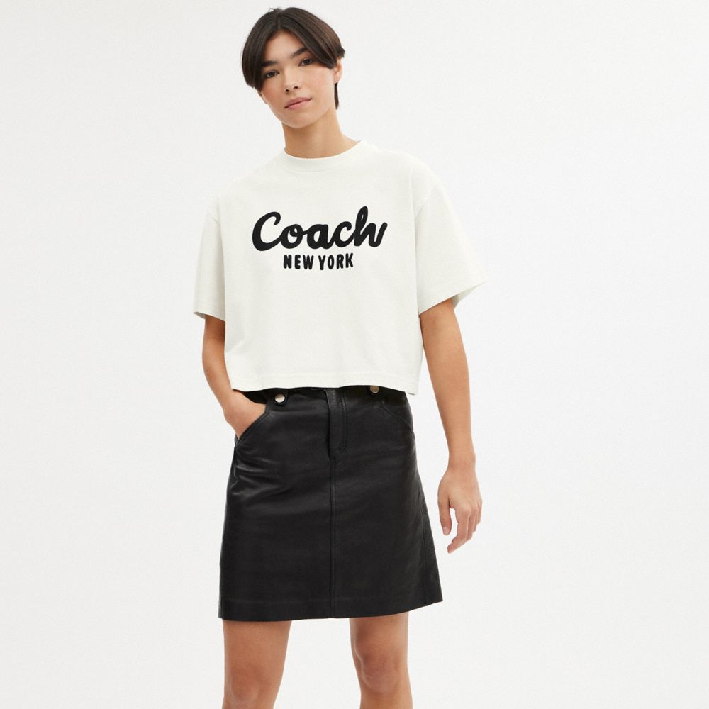 Cream Coach Cursive Signature Cropped T Shirt | COH865992