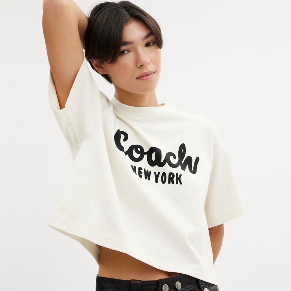 Cream Coach Cursive Signature Cropped T Shirt | COH865992