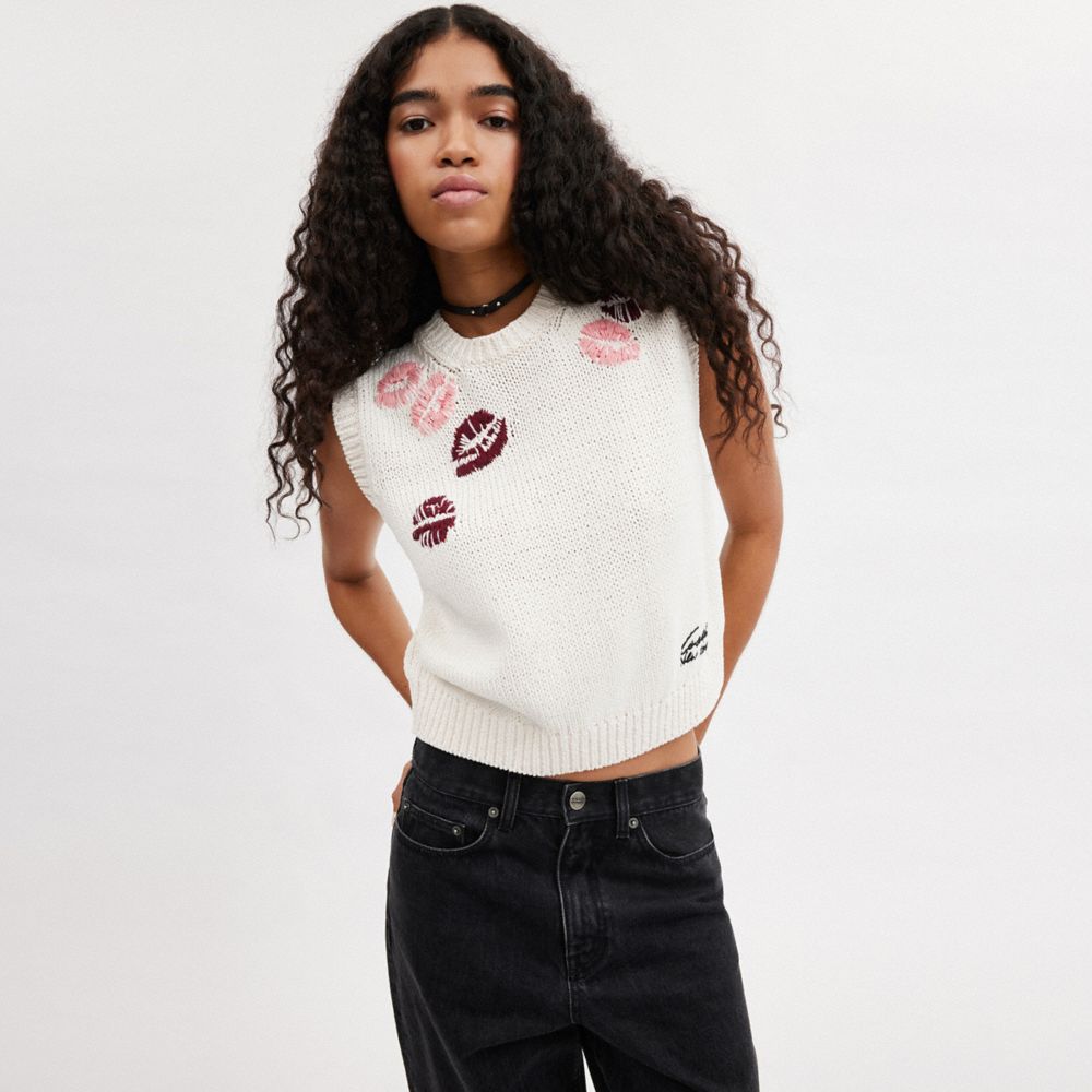 Cream Multi Coach Lip Print Sweater Vest | COH865957