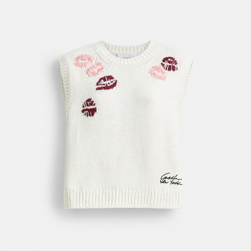 Cream Multi Coach Lip Print Sweater Vest | COH865957