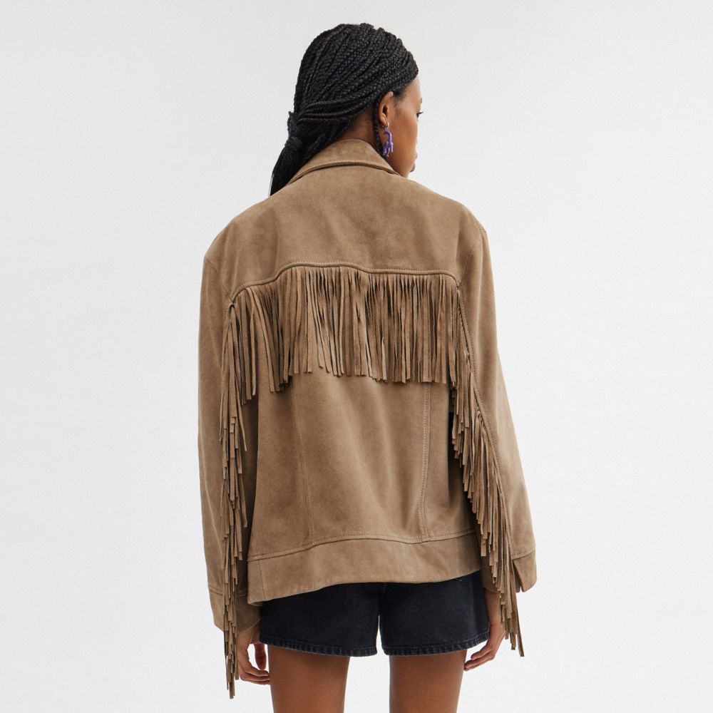 Dark Beige Coach Suede Fringe Jacket | COH865936