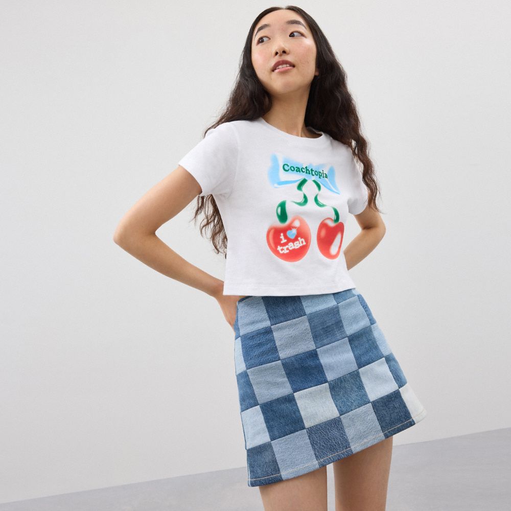 Denim Multi Coach Mini Skirt In Denim Checkerboard | COH866035