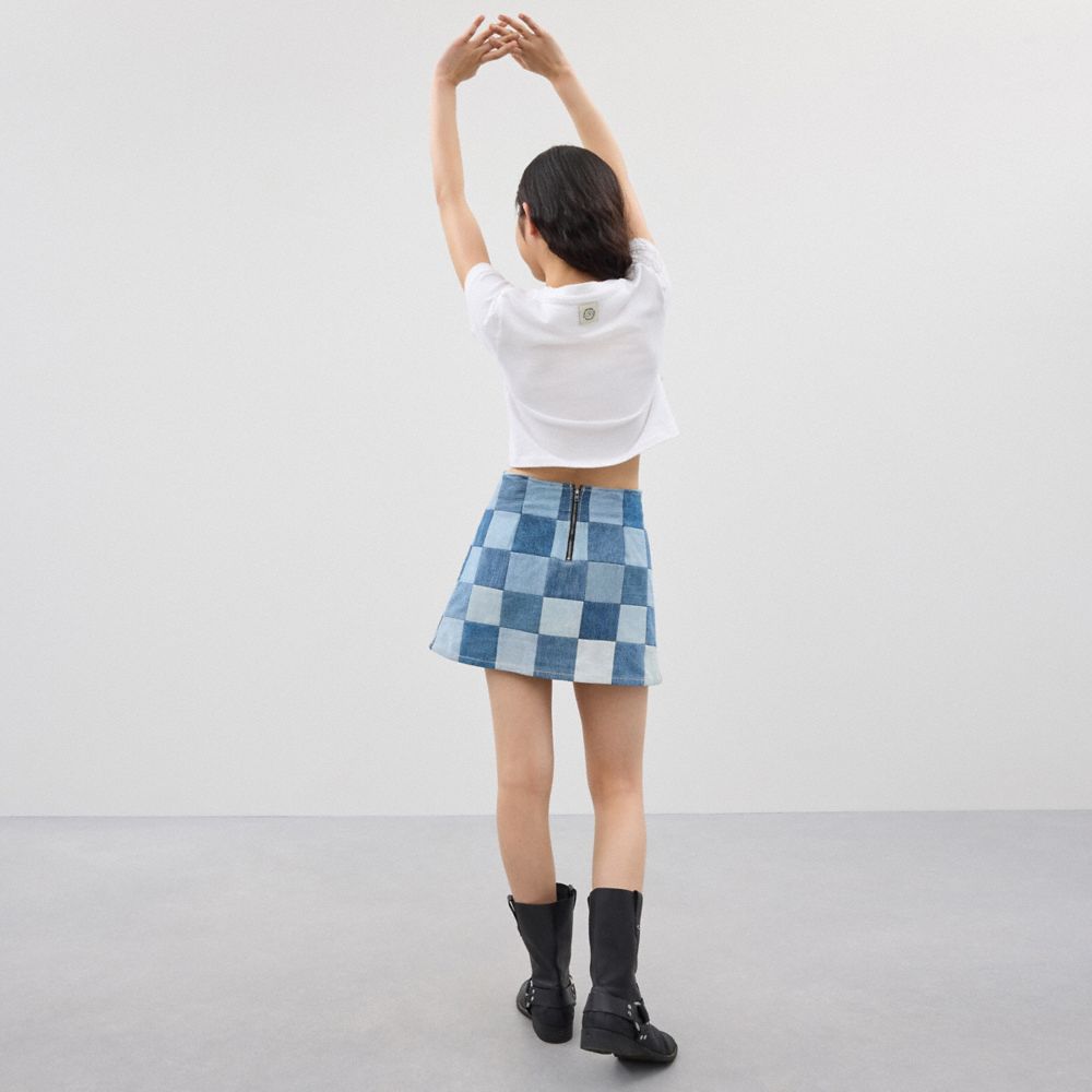 Denim Multi Coach Mini Skirt In Denim Checkerboard | COH866035