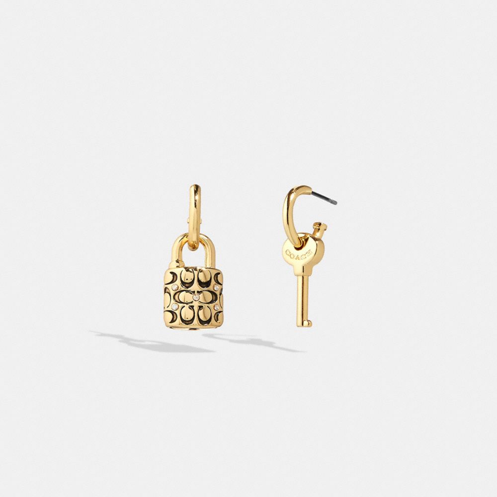 Gold/Black Coach Quilted Padlock Key Mismatch Earrings | COH866165