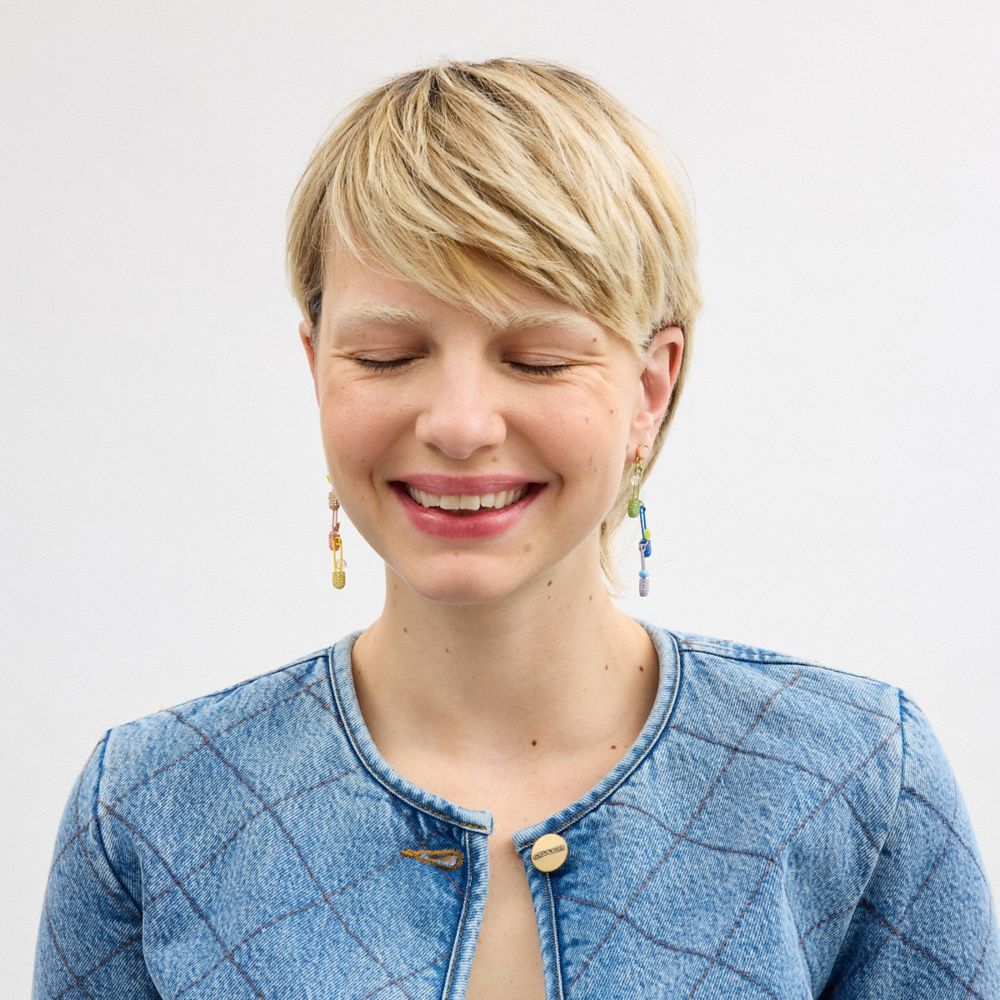 Gold/Multi Coach Safety Pin Charm Drop Earrings | COH866162