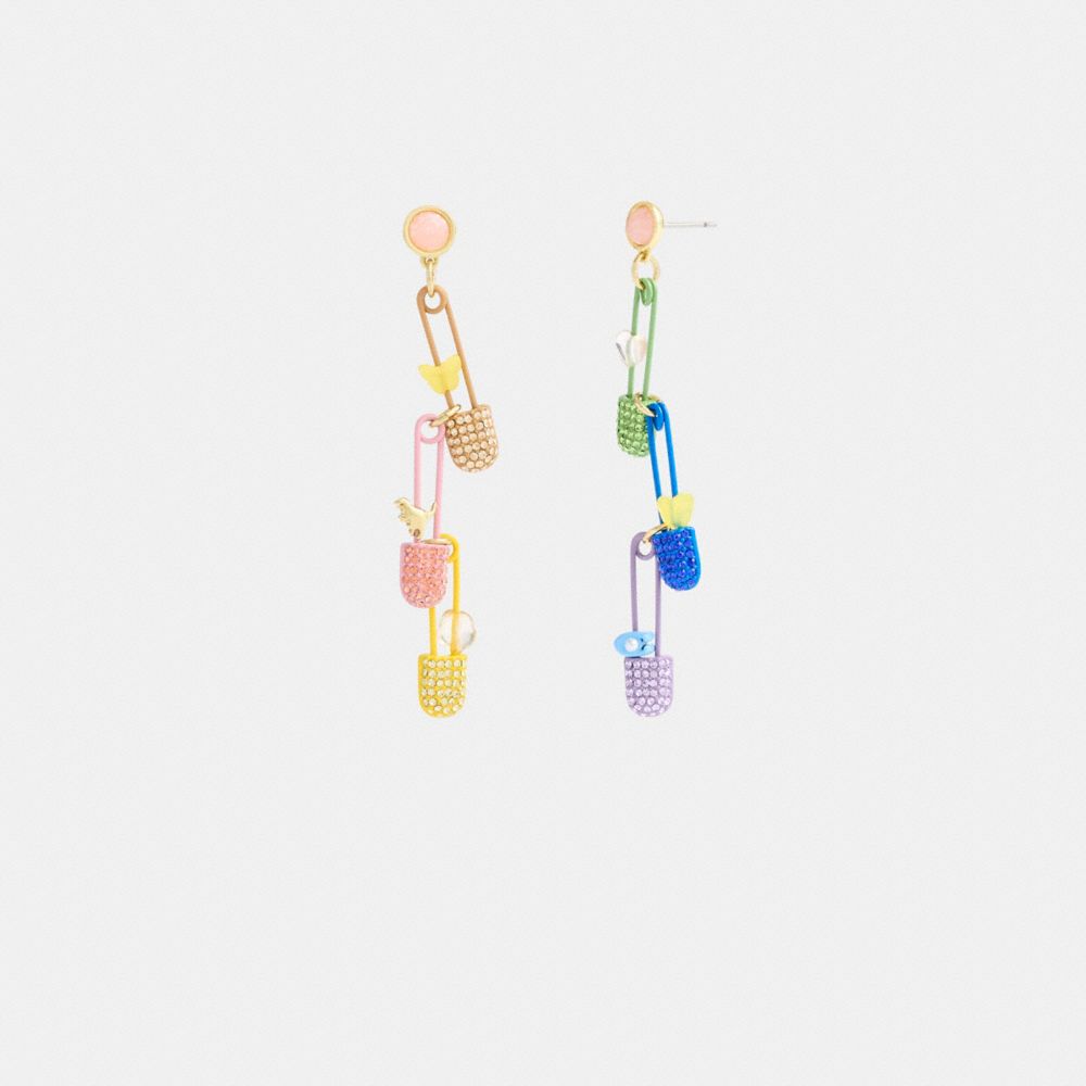 Gold/Multi Coach Safety Pin Charm Drop Earrings | COH866162