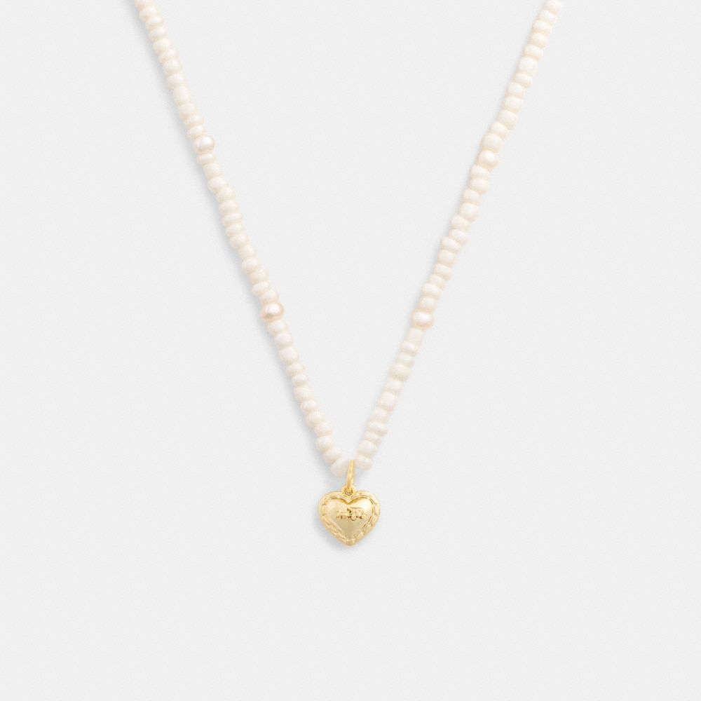 Gold/Pearl Coach Heart Pearl Necklace | COH866209
