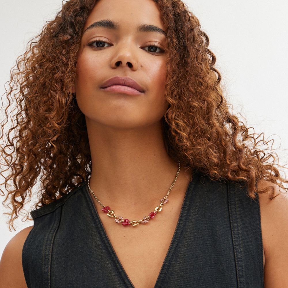 Gold/Pink Multi Coach Pavé Hearts Chain Link Necklace | COH866112