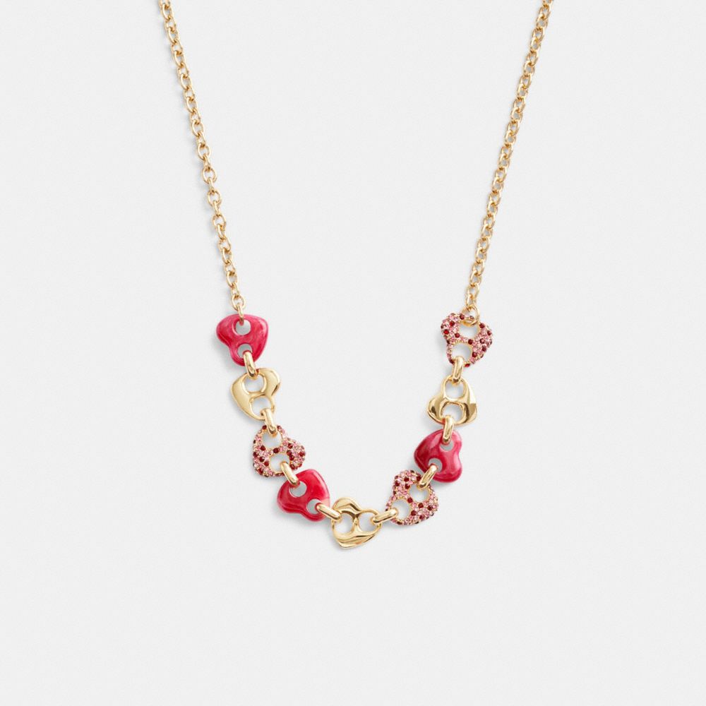 Gold/Pink Multi Coach Pavé Hearts Chain Link Necklace | COH866112