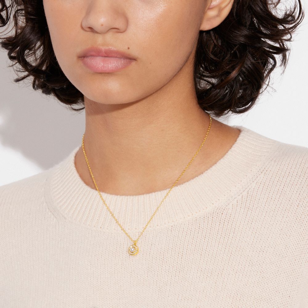 Gold Coach Signature Crystal Pearl Pendant Necklace | COH866188