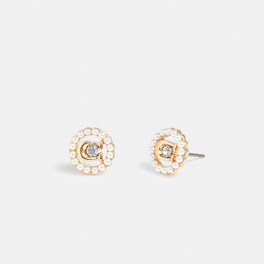 Gold Coach Signature Crystal Pearl Stud Earrings | COH866154