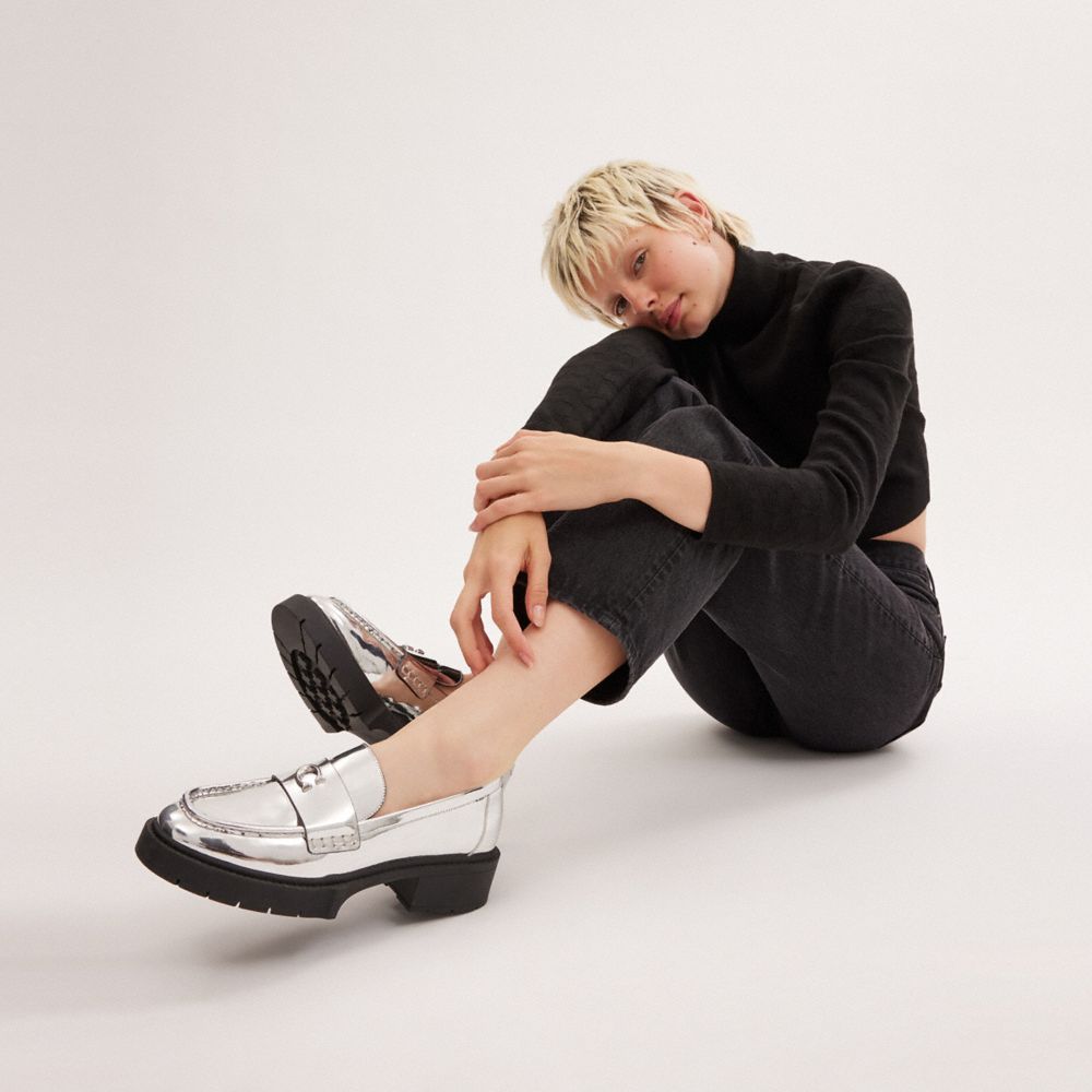 Leather/Silver Coach Leah Loafer In Silver Metallic | COH865797