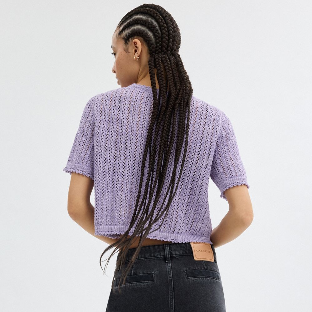 Lilac Coach Cropped Knit Button Up Top | COH866007
