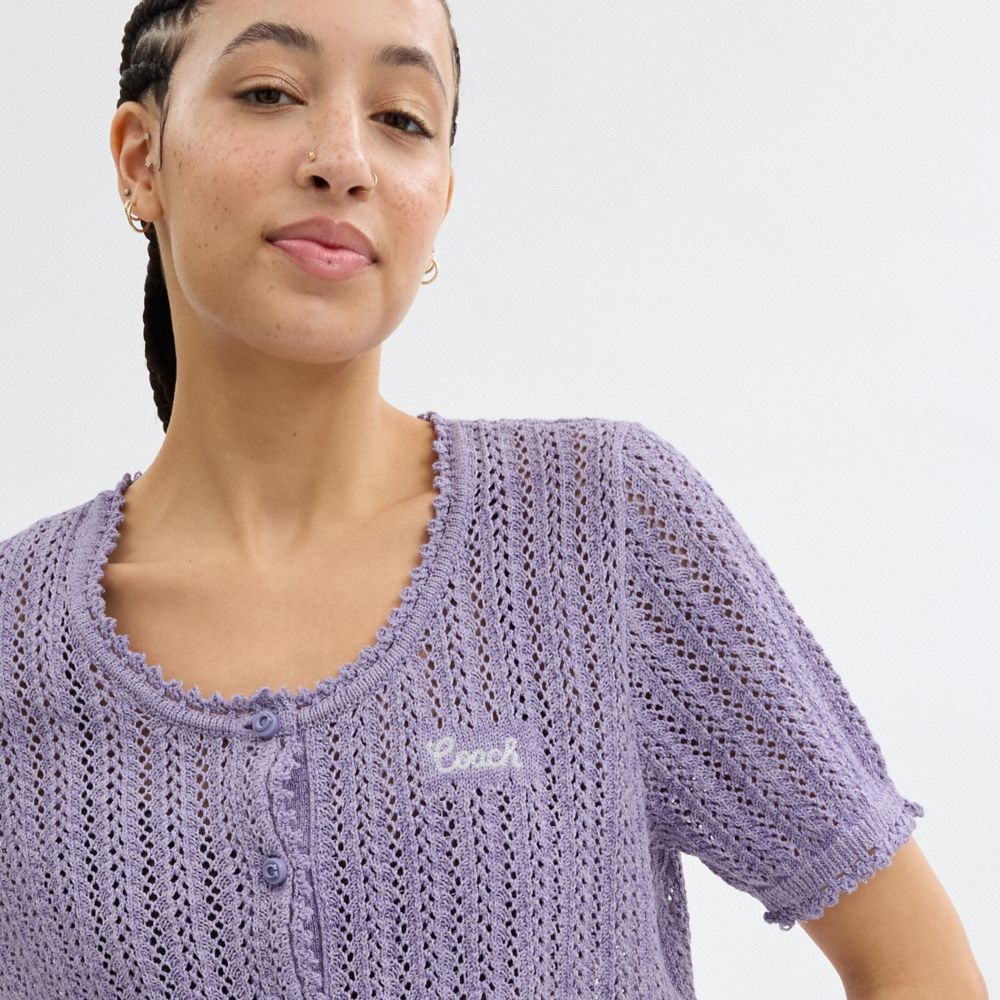 Lilac Coach Cropped Knit Button Up Top | COH866007