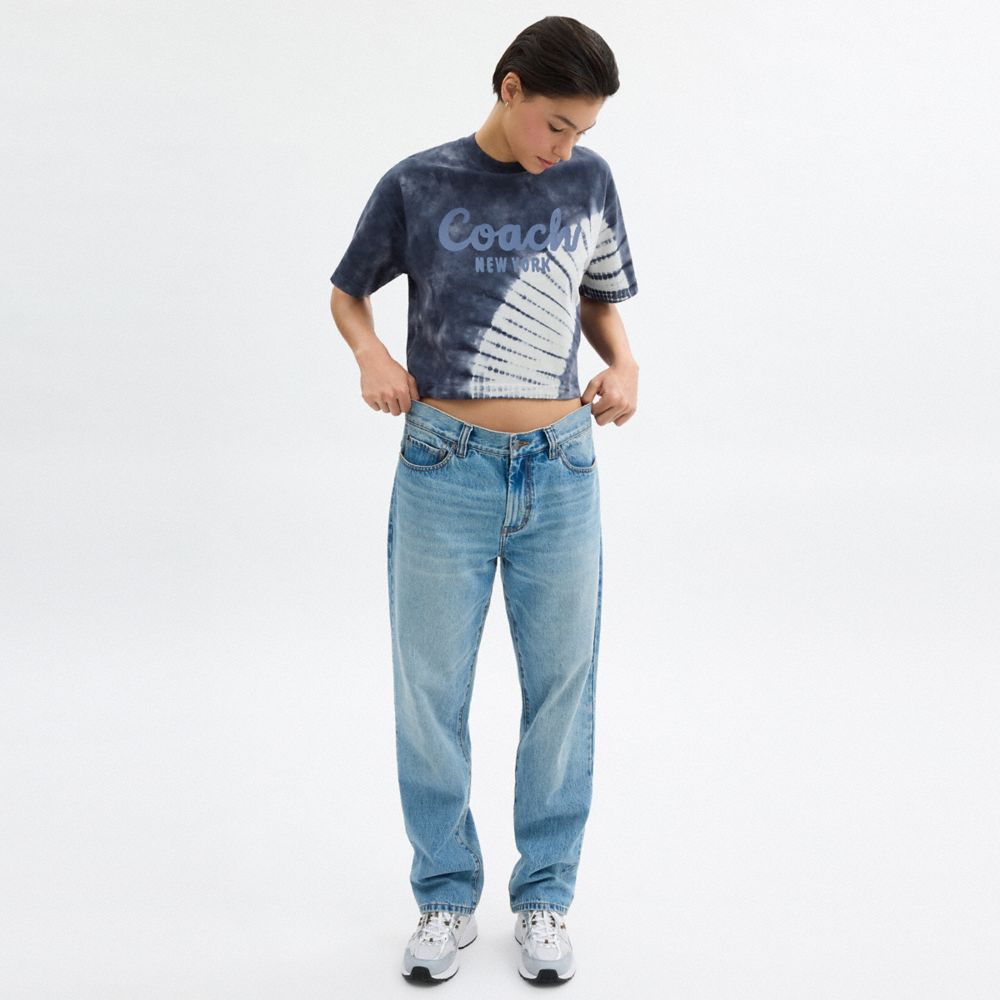 Navy Multi Coach Tie Dye Cursive Signature Cropped T Shirt In Organic Cotton | COH866006