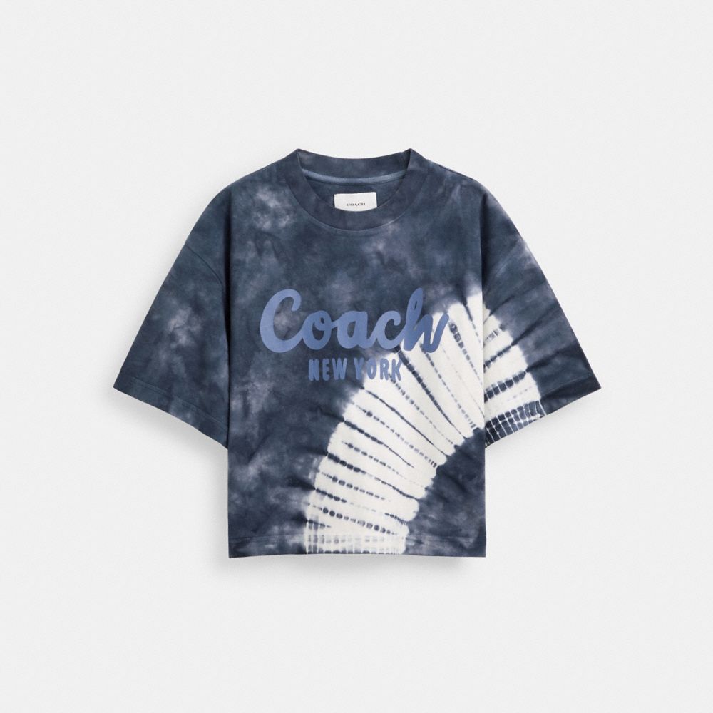 Navy Multi Coach Tie Dye Cursive Signature Cropped T Shirt In Organic Cotton | COH866006