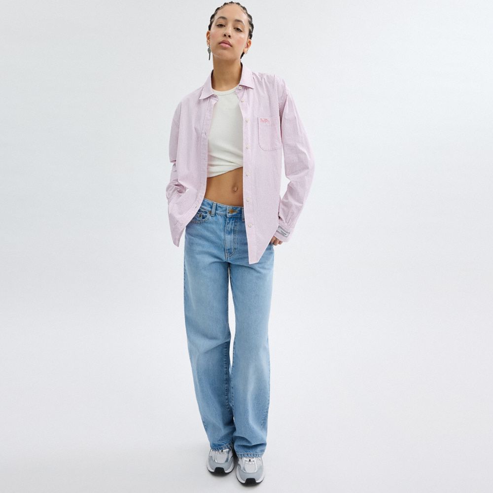 Pink/White Coach Striped Button Down Shirt In Organic Cotton | COH866011