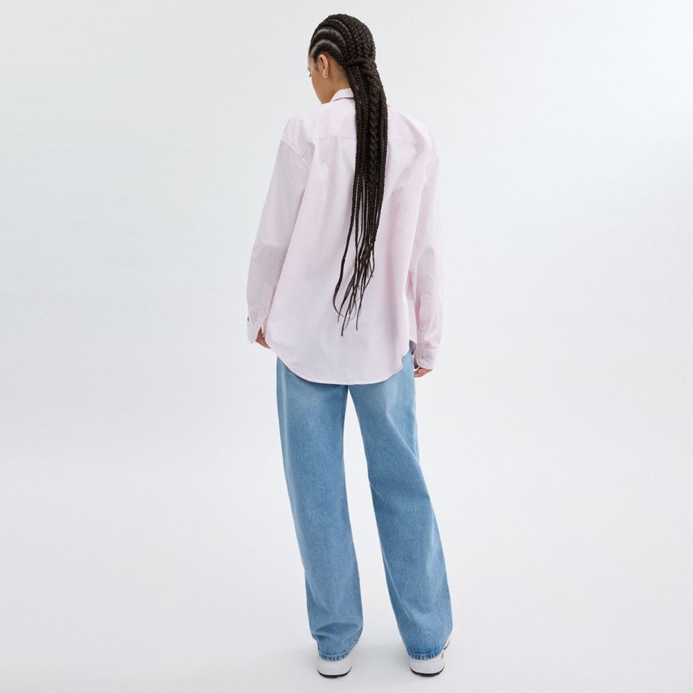 Pink/White Coach Striped Button Down Shirt In Organic Cotton | COH866011