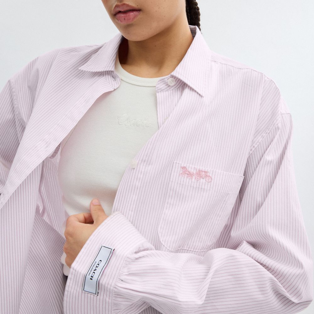 Pink/White Coach Striped Button Down Shirt In Organic Cotton | COH866011