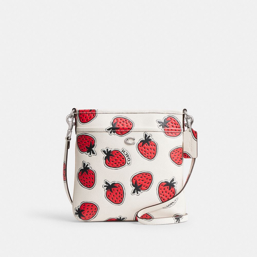 Polished Pebble Leather/Silver/Chalk Multi Coach Kitt Messenger Crossbody Bag With Strawberry Print | COH865377