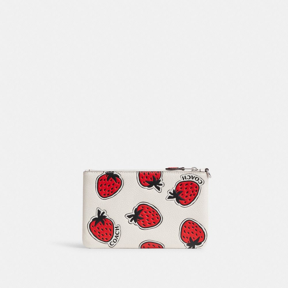 Polished Pebble Leather/Silver/Chalk Multi Coach Small Wristlet With Strawberry Print | COH865646