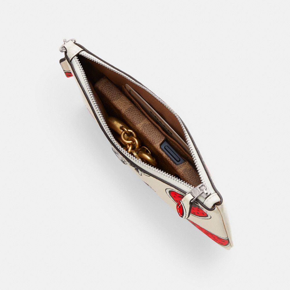 Polished Pebble Leather/Silver/Chalk Multi Coach Small Wristlet With Strawberry Print | COH865646