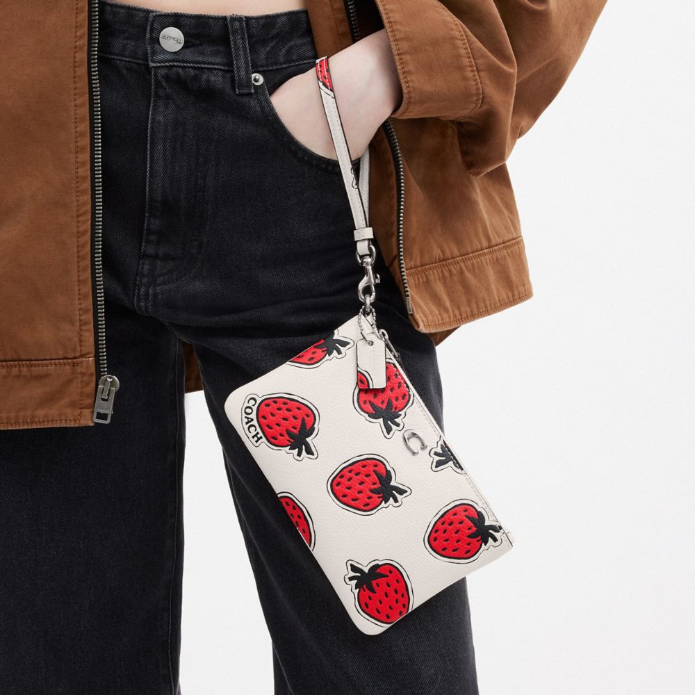 Polished Pebble Leather/Silver/Chalk Multi Coach Small Wristlet With Strawberry Print | COH865646