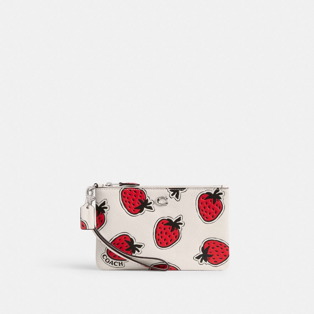 Polished Pebble Leather/Silver/Chalk Multi Coach Small Wristlet With Strawberry Print | COH865646