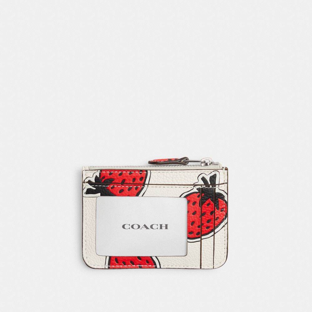 Polished Pebble Leather/Silver/Chalk Multi Coach Mini Skinny Id Case With Strawberry Print | COH865714