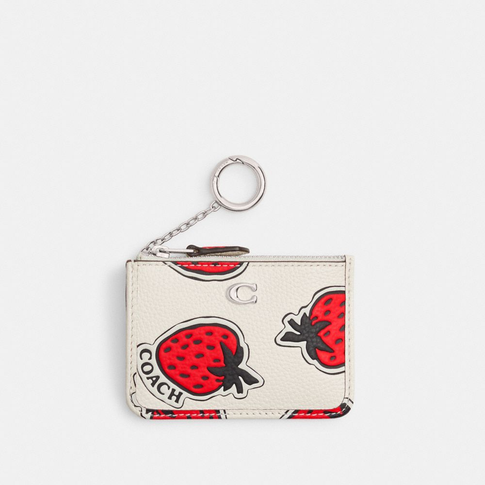 Polished Pebble Leather/Silver/Chalk Multi Coach Mini Skinny Id Case With Strawberry Print | COH865714