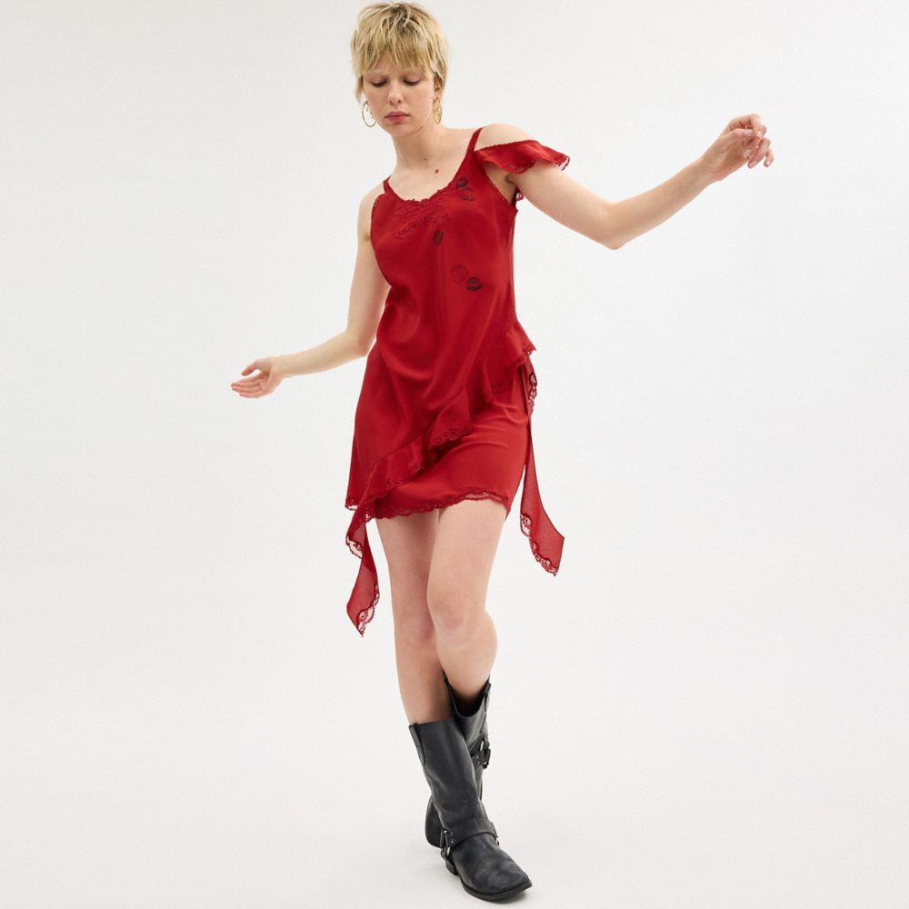 Red Coach Mini Ruffle Dress | COH866059