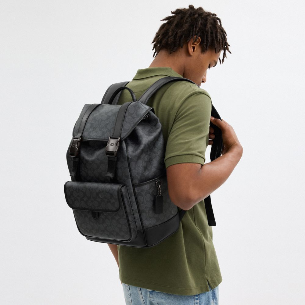 Signature Coated Canvas/Charcoal Signature Coach League Flap Backpack In Signature Canvas | COH866516