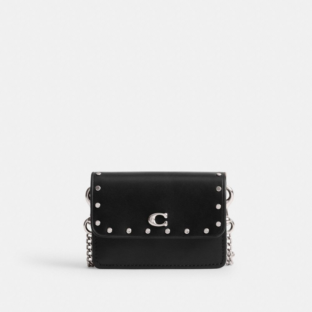 Silver/Black Coach Essential Half Flap Card Case With Rivets | COH865574