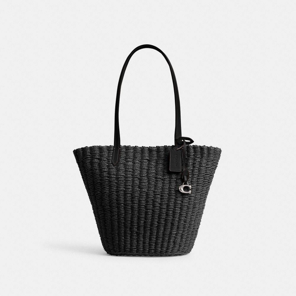 Silver/Black Coach Small Straw Tote | COH865058