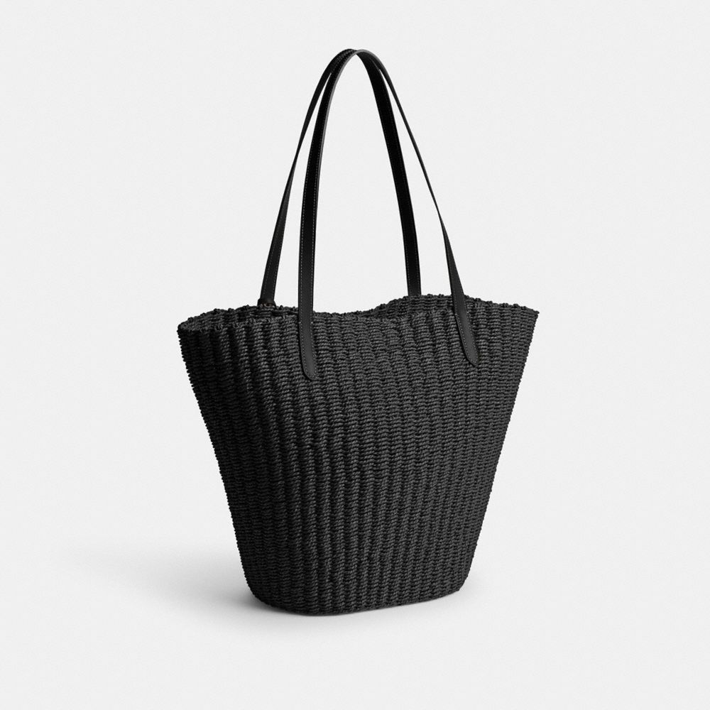 Silver/Black Coach Straw Tote | COH865087