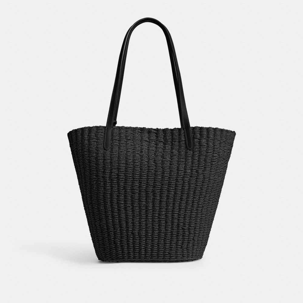 Silver/Black Coach Straw Tote | COH865087
