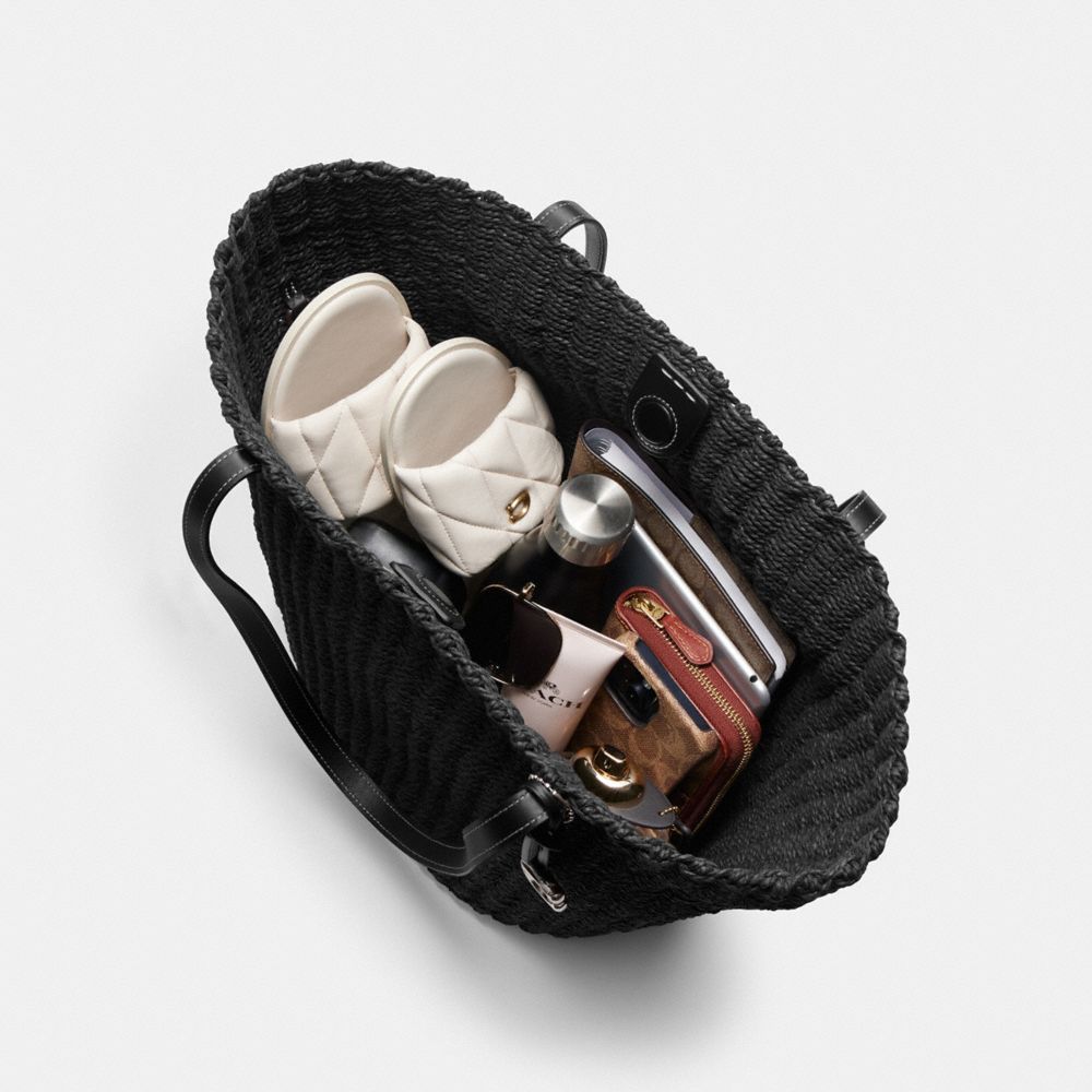 Silver/Black Coach Straw Tote | COH865087