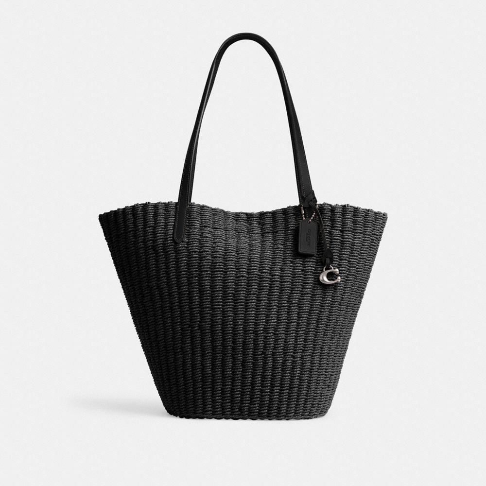 Silver/Black Coach Straw Tote | COH865087