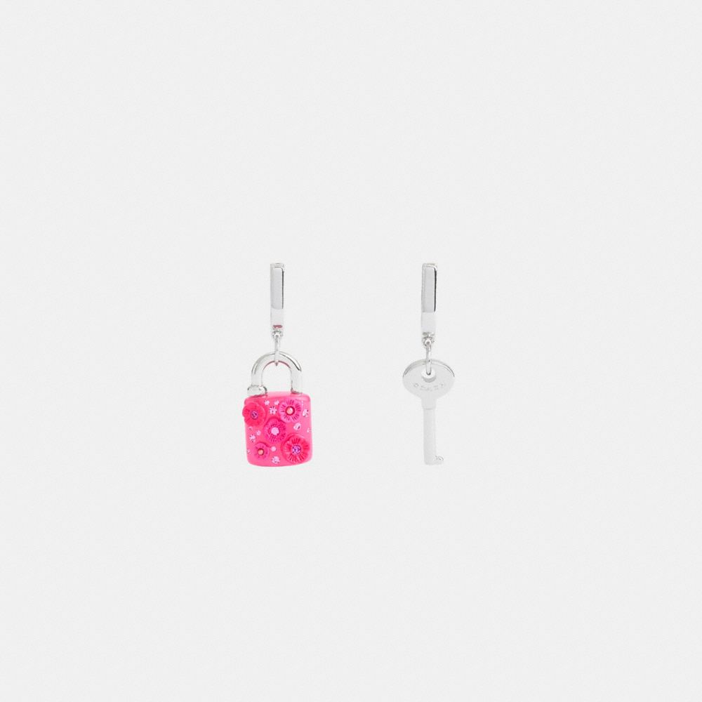 Silver/Pink Coach Tea Rose Padlock And Key Mismatch Huggie Earrings | COH866215