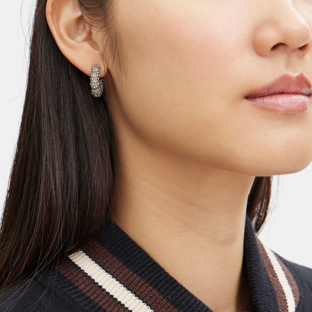 Silver Coach Pavé Tea Rose Hoop Earrings | COH866079