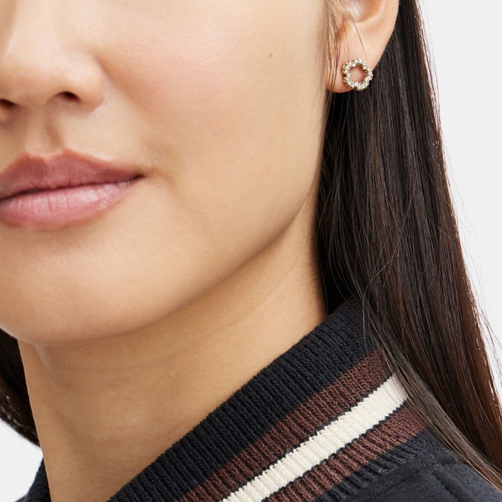 Silver Coach Pavé Tea Rose Stud Earrings | COH866127