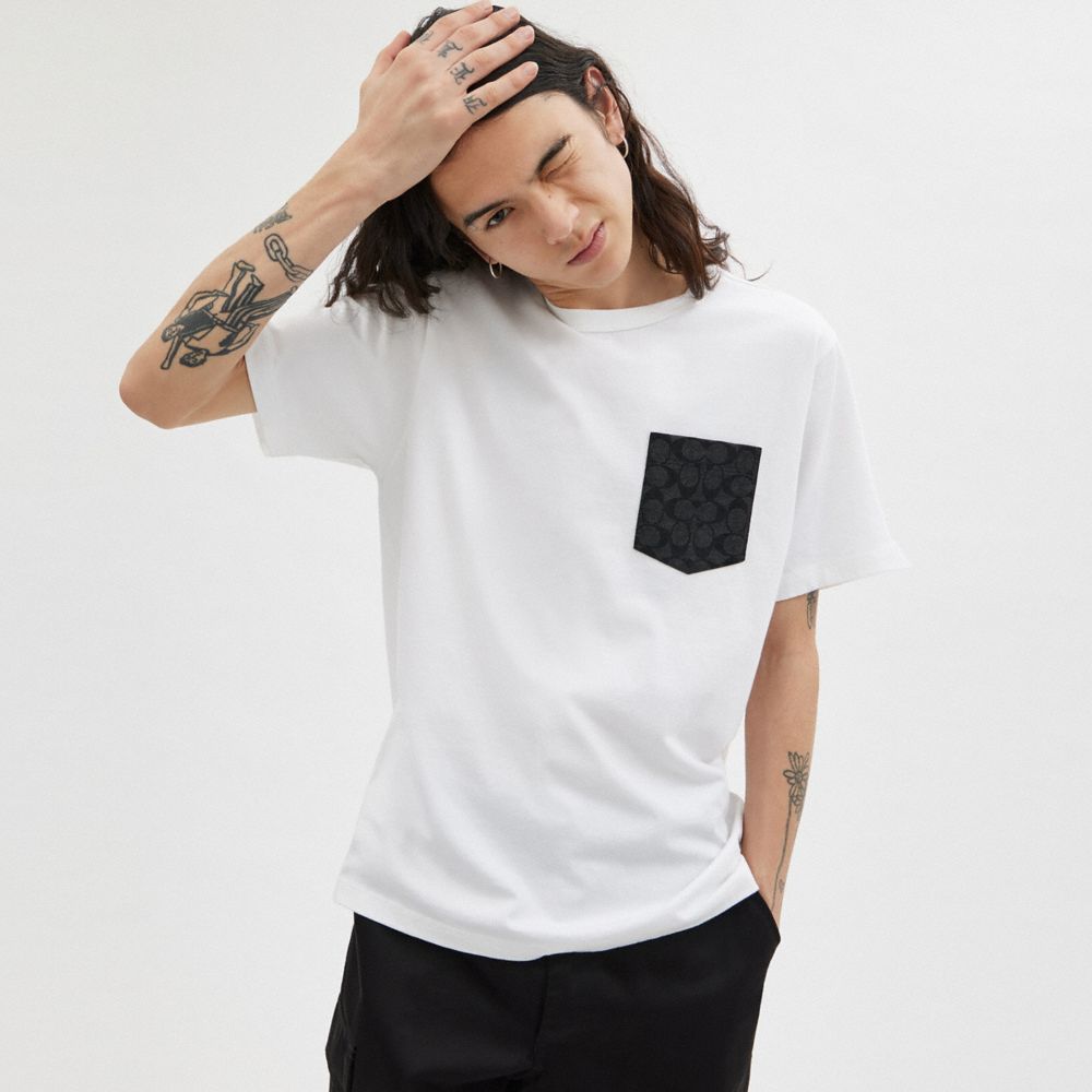 White/Charcoal Signature Coach Essential Pocket T Shirt | COH866928