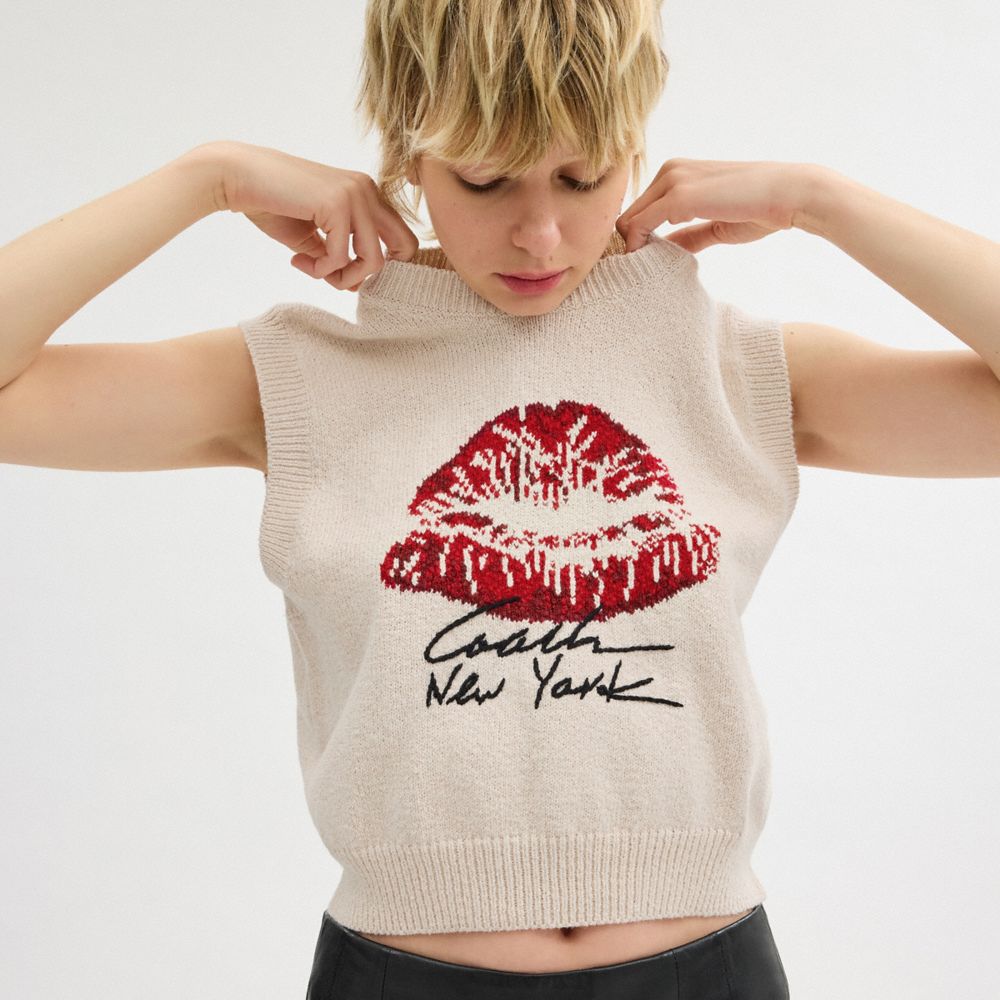 White Coach Signature Kiss Print Sweater Vest | COH865991