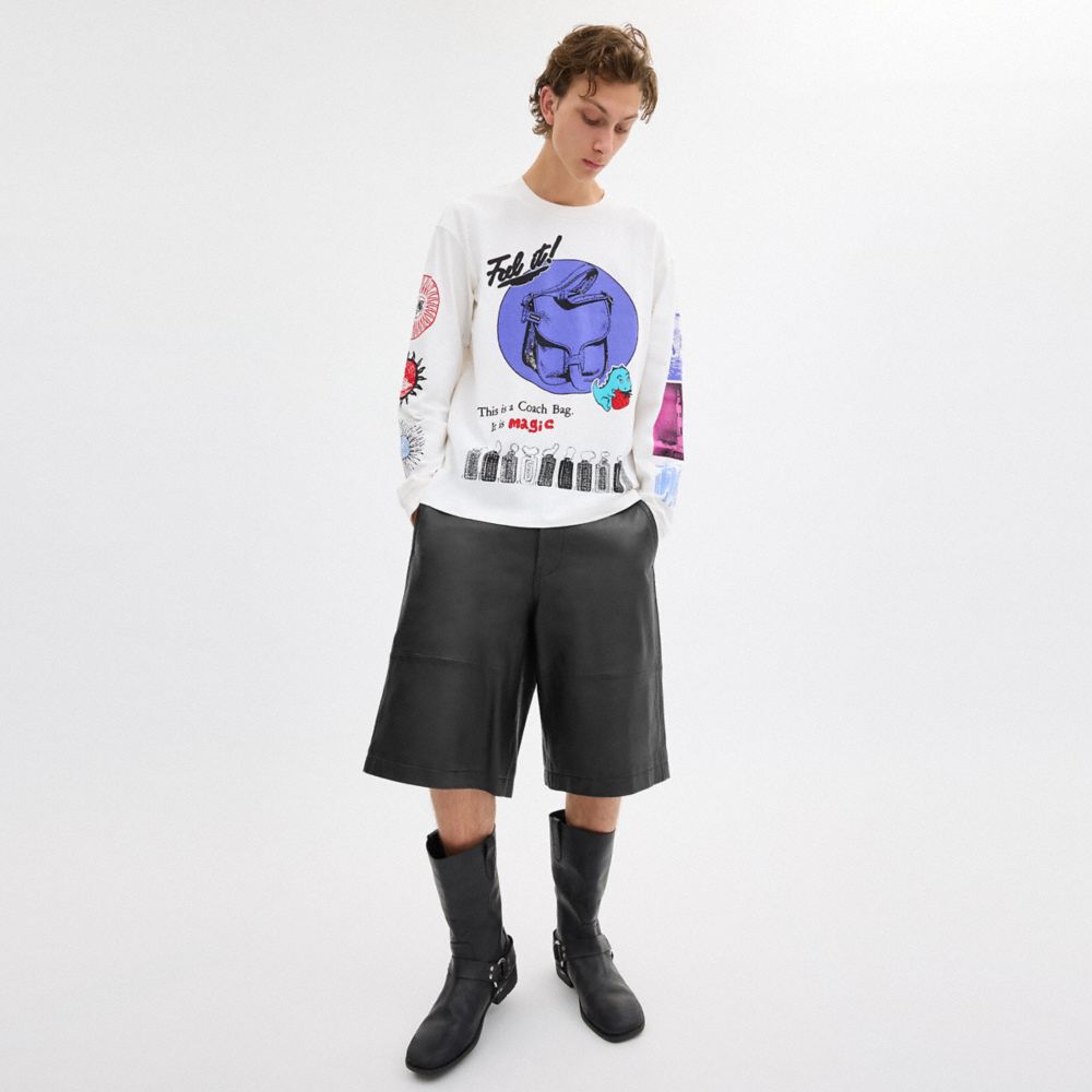 White Cream Coach Graphic Long Sleeve T Shirt In Organic Cotton | COH866009