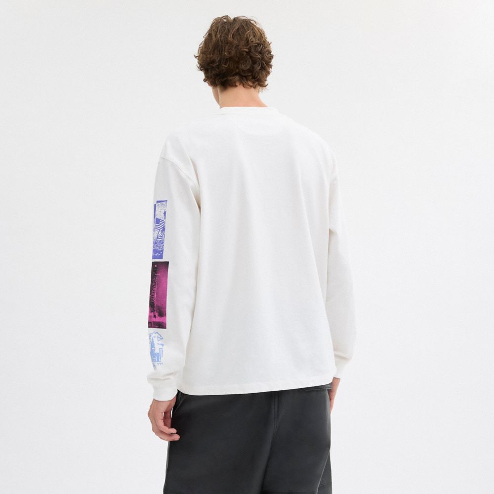 White Cream Coach Graphic Long Sleeve T Shirt In Organic Cotton | COH866009
