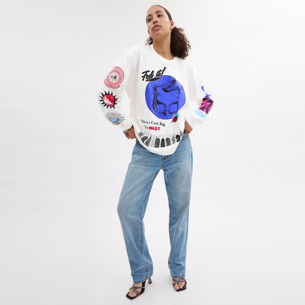 White Cream Coach Graphic Long Sleeve T Shirt In Organic Cotton | COH866009