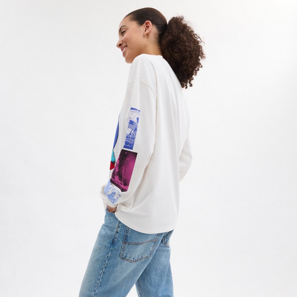 White Cream Coach Graphic Long Sleeve T Shirt In Organic Cotton | COH866009
