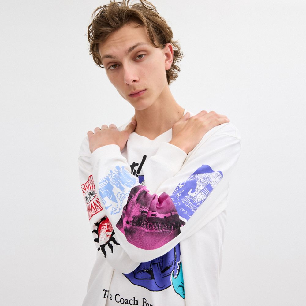 White Cream Coach Graphic Long Sleeve T Shirt In Organic Cotton | COH866009